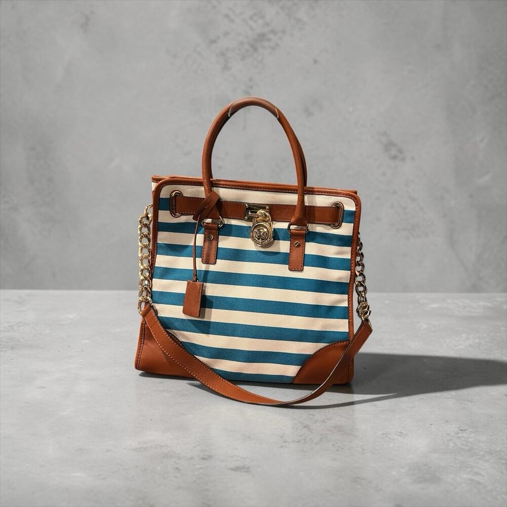 Michael Kors Blue and White Striped Hamilton Satchel with Leather Trim